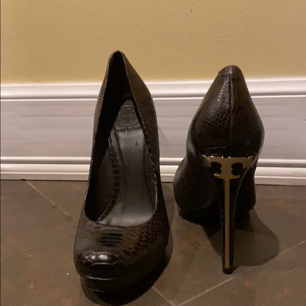 Tory Burch Brown/Black Snakeskin Heels-Size 8.5